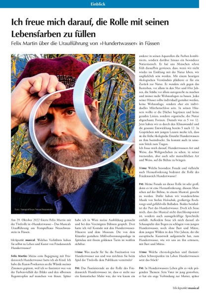 Interview mit Felix Martin zur Uraufführung von HUNDERTWASSER in Füssen aus der BliMu 06-22