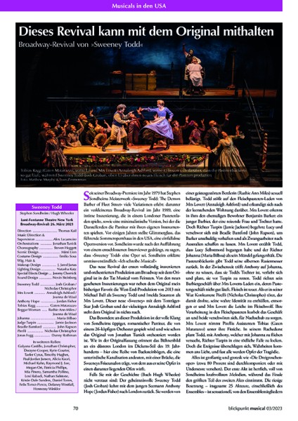 Rezension zum Revival von SWEENEY TODD aus New York aus der BliMu 03-23